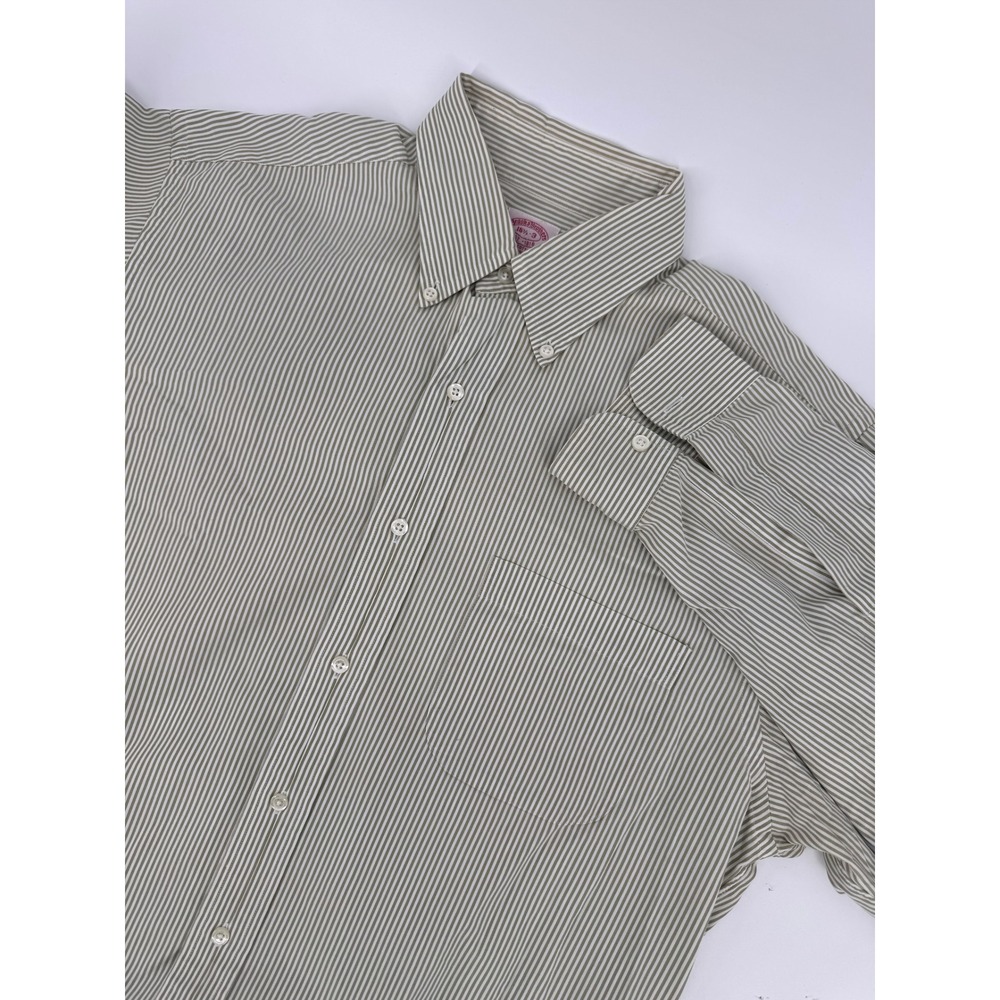 Brooks Brothers Mens Shirt 15.5 Striped Button Down Green White Cotton